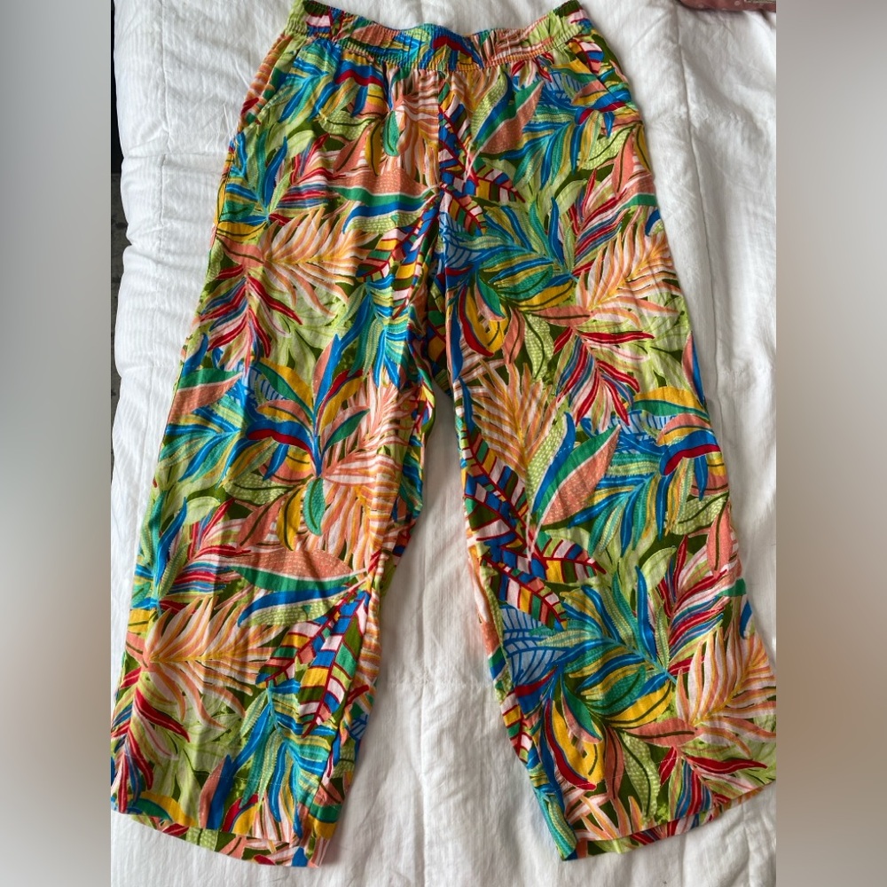C&C California 100% Linen Women’s Tropical Wide Leg Pants Large colorful
